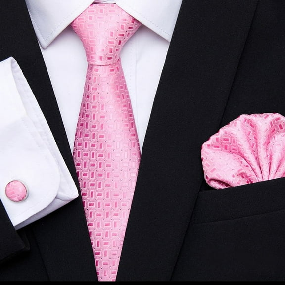 MGEZCOO Men's Pink Tie-Silk Pocket Square-Cufflinks Set of 3 for Weddings Formal Occasions Formal Wear