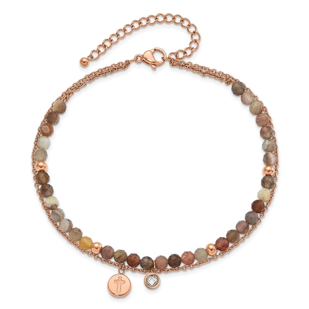 Auriga Fine Jewelry Stainless Steel Rose IP-plated with Crystal and Imitation Sardonyx Cross 9 inch with 2" Ext. Anklet for Women