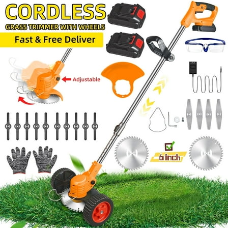 KingFurt Cordless String Trimmer,Grass Trimmer with Wheels, Weed Eater Grass Trimmer/Edger/Brush Cutter for Lawn Yard Garden