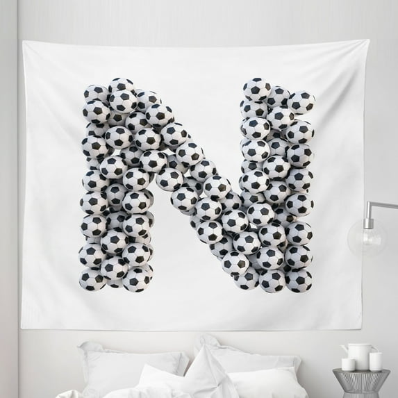 Letter N Tapestry, Hexagon Motifs Soccer Balls N Alphabet Composition Uppercase Illustration, Fabric Wall Hanging Decor for Bedroom Living Room Dorm, 5 Sizes, Black and White, by Ambesonne