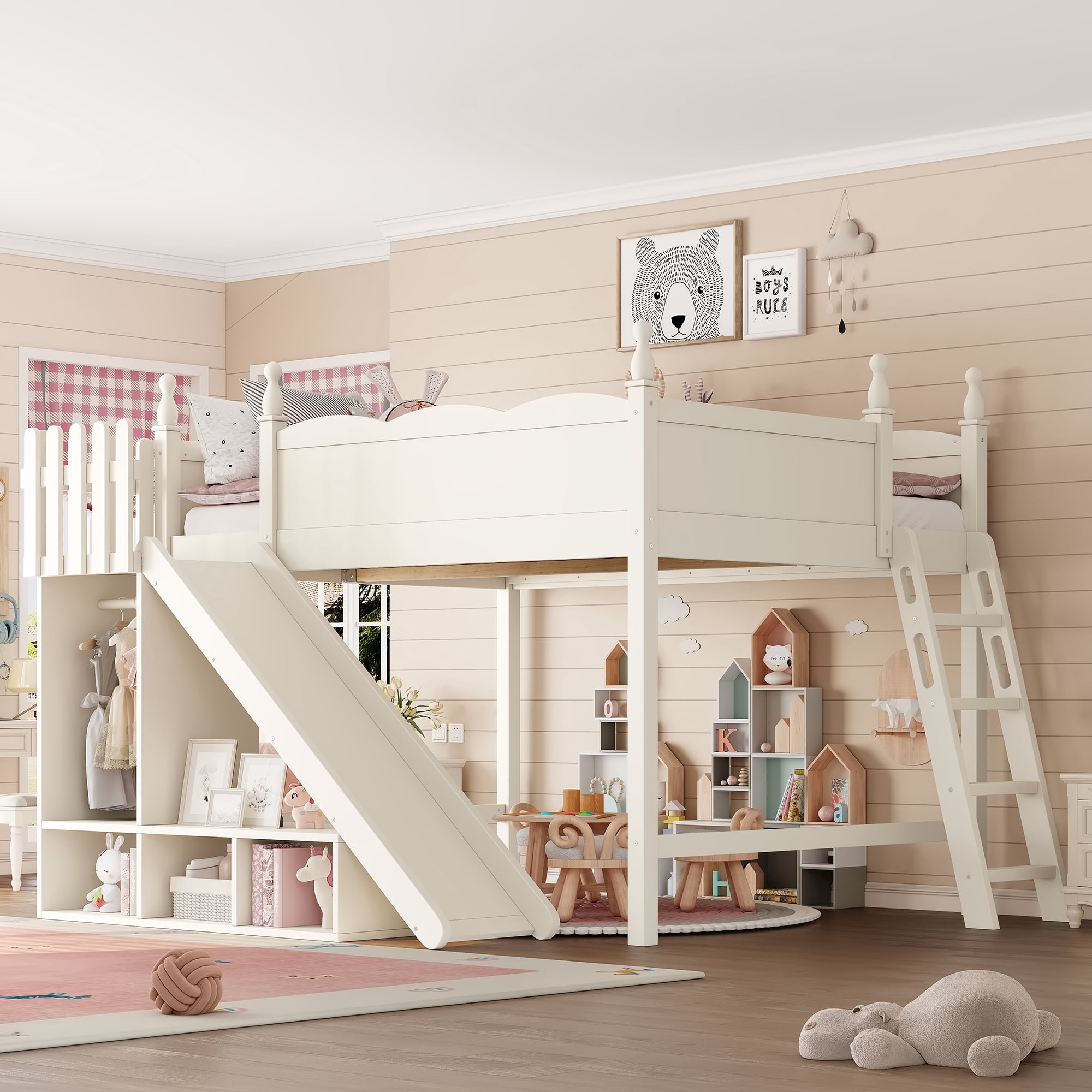 Leumius Queen Loft Bed Frame with Storage Shelves and Wardrobe, Solid Wood Loft Bed with Detachable Slide and Ladders for Kids Teens Adults Beige