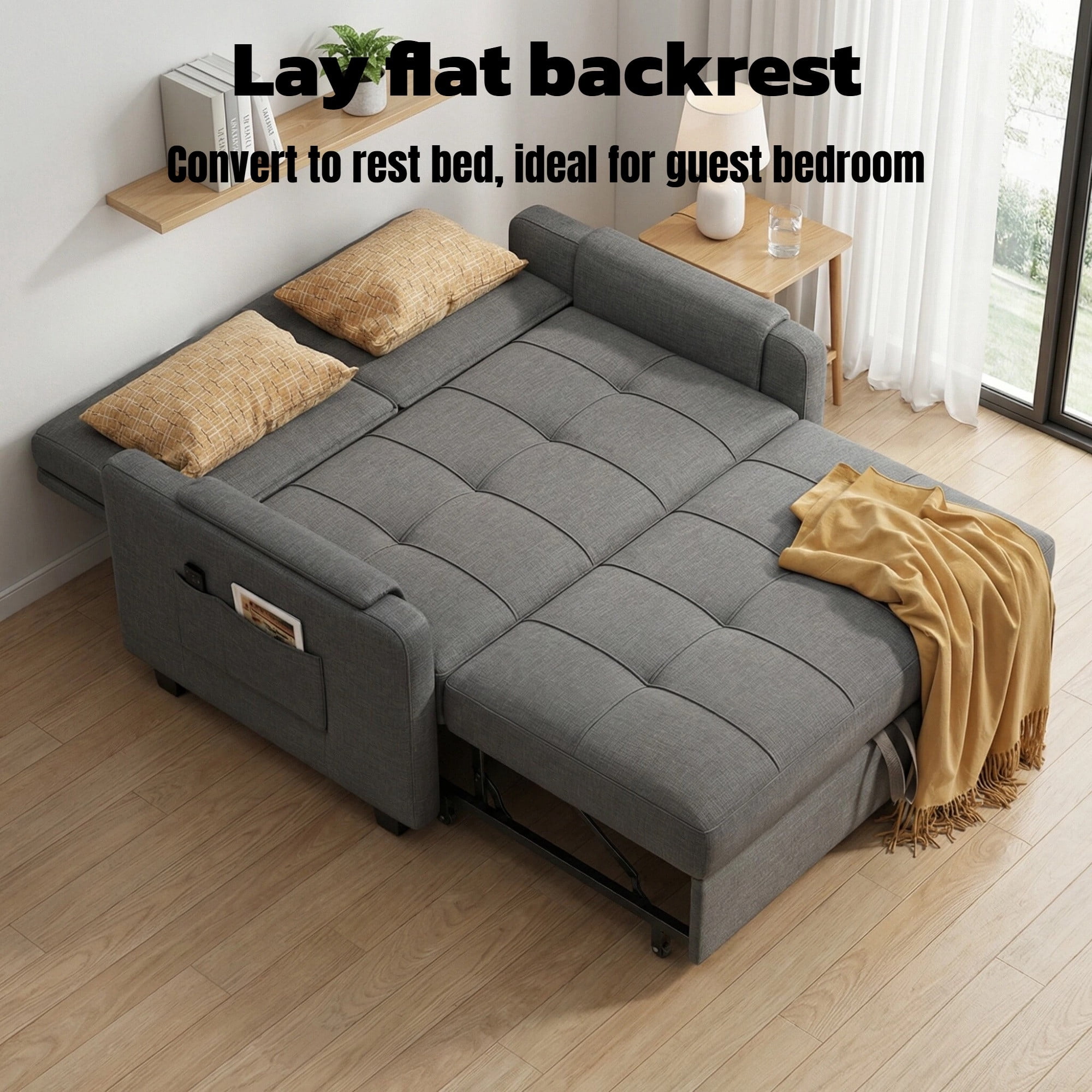 50" Sofa Bed, Lofka 3 in 1 Convertible Sleeper Loveseat, Pull Out Couches with Adjustable Backrest for Living Room Apartment, Linen, Dark Gray