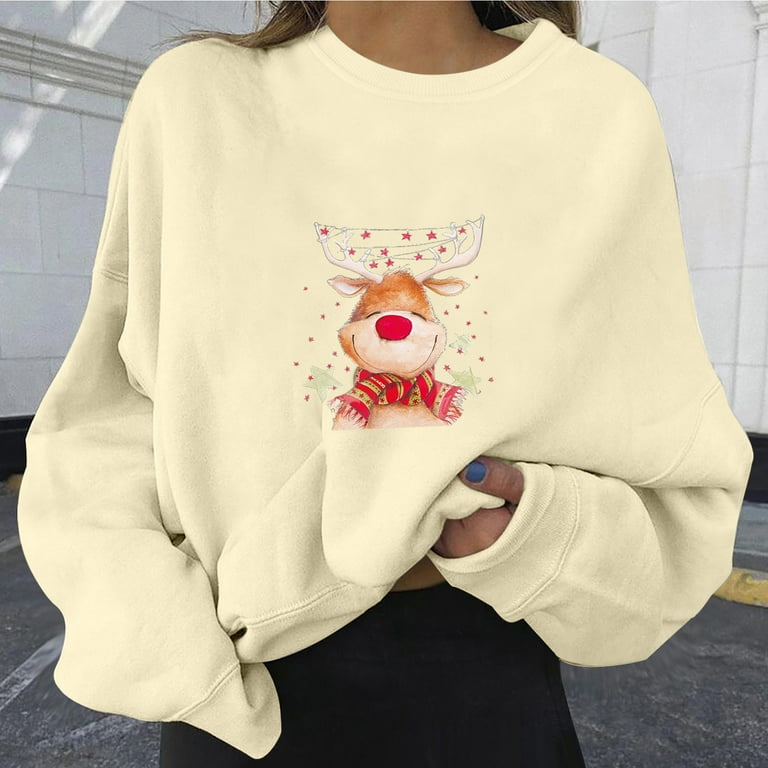 Fall Clearance Sale! RQYYD Christmas Sweatshirt for Women Casual Reindeer  Print Oversized Hoodie Tops Long Sleeve Crewneck Pullover Tops (Beige,XL) 