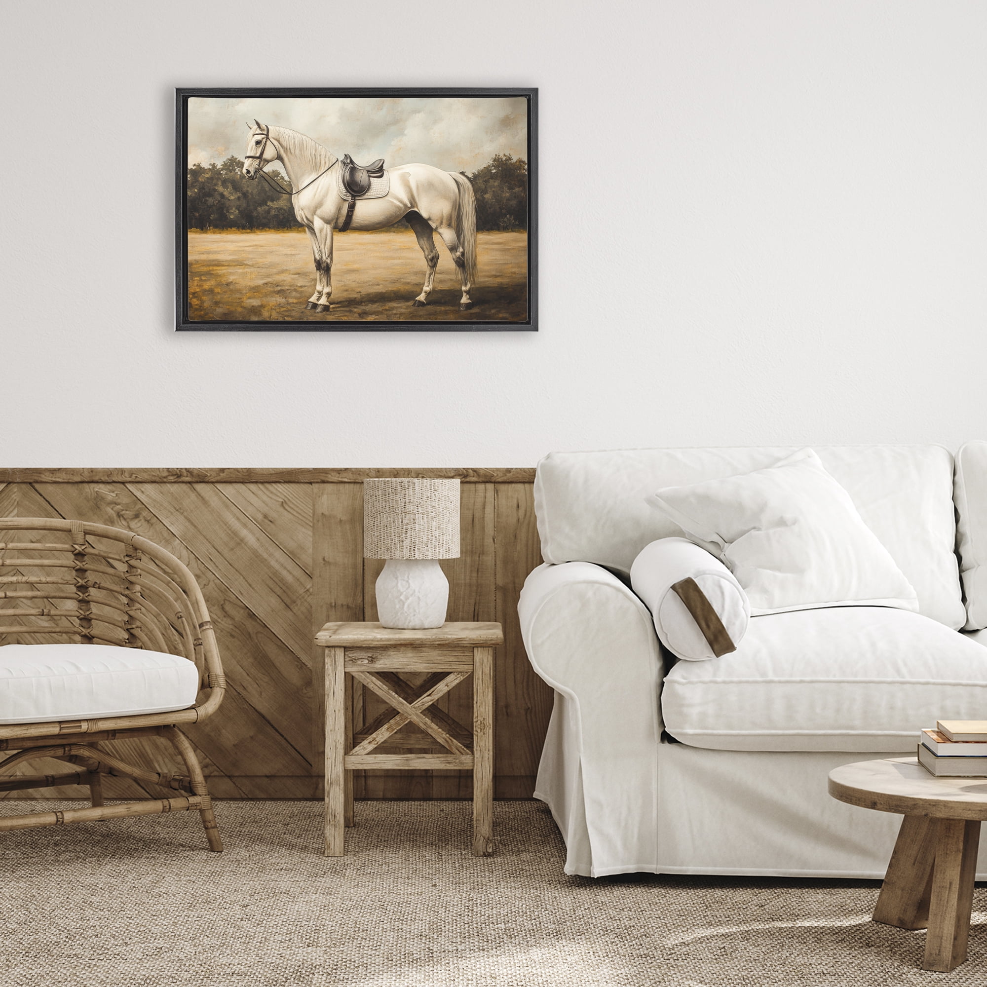 Stupell Industries White Mare with Saddle Black Framed Floater Canvas Wall Art, design by Petal Prints Design