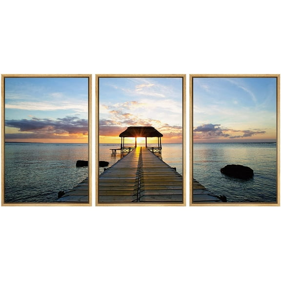 wall26 3 Piece Framed Canvas Print - Contemporary Art, Modern Wall Art - Beautiful Inspiring Calmness at Sunset - Gallery Wrapped Wood Stretcher Bars - Ready to Hang - 24"x36"x3 Natural