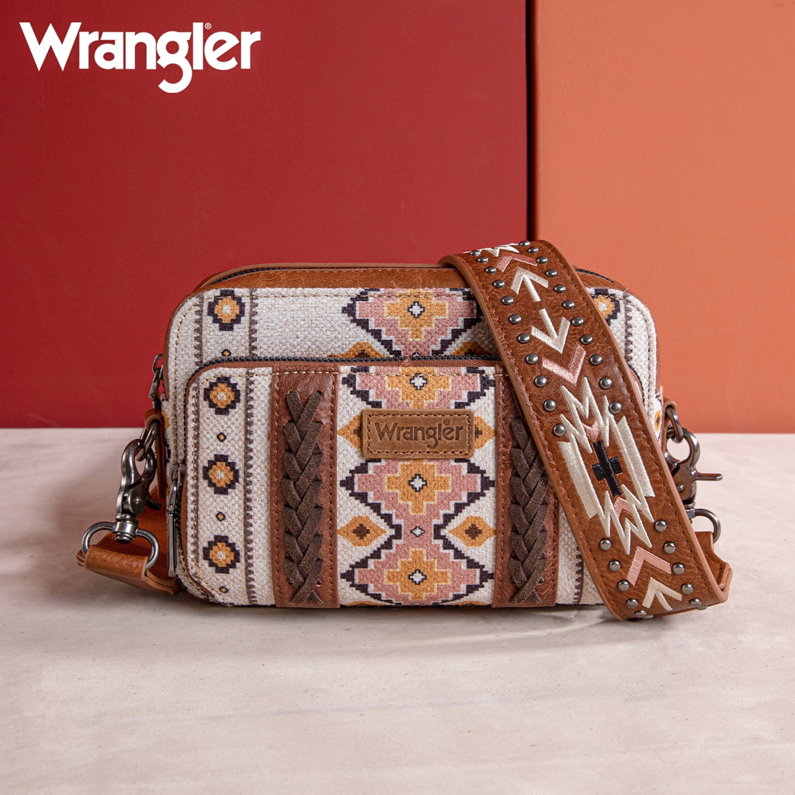 Wrangler Crossbody Bag for Women Boho Aztec Small Multi Pocket Crossover Purse, Coffee