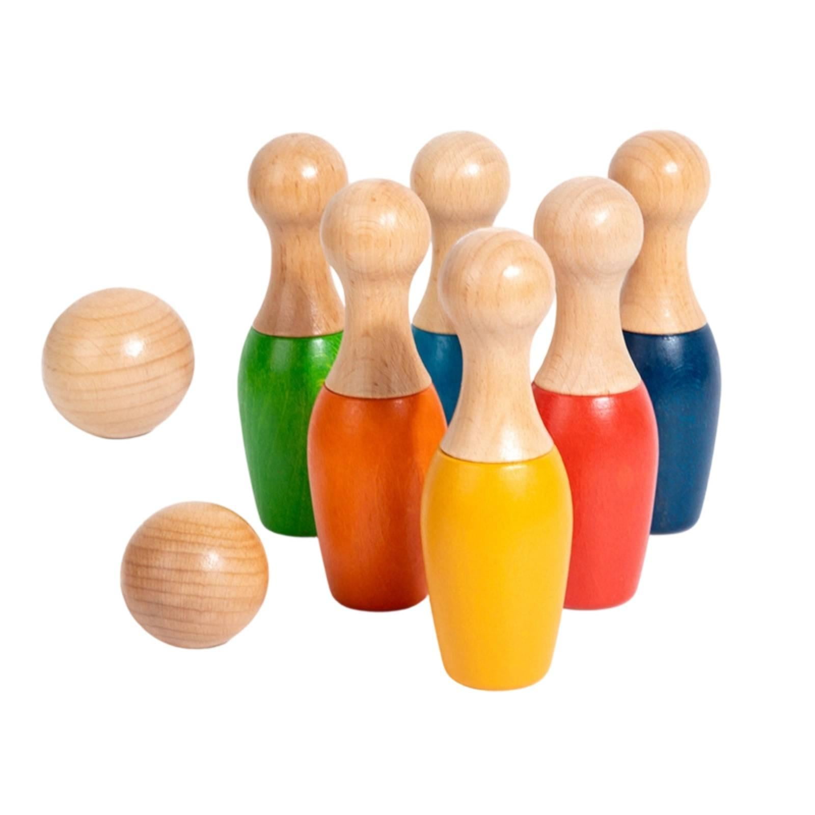 yotijay Bowling Set with 2 Balls Colorful Wooden Bowling Toy Wooden Skittles Set Classic Small
