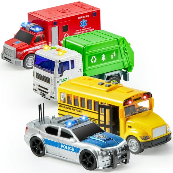 Joyfy 4 Pcs 7" Long Vehicle Toy Set, Toddler Car Toys Including Police Car, School Bus, Garbage Truck, Ambulance, Christmas Birthday Gifts Toys for Boys 2 3 4 5 6 Years Old