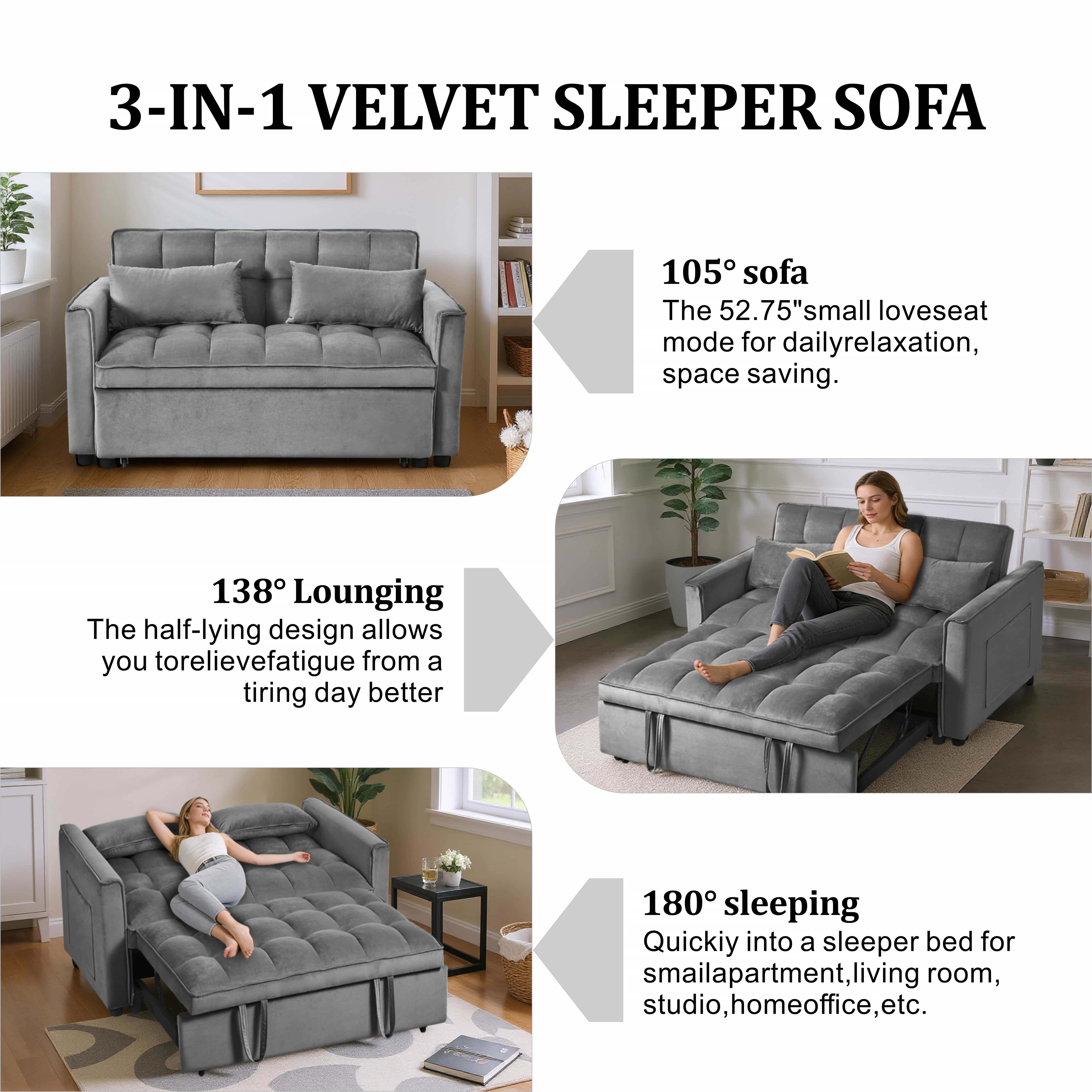 BSHTI 3 in 1 Modern Velvet Loveseat Sofa Bed-3-Position Adjustable Convertible Sleeper, Side Storage Pockets, Square Tufted, Easy Assembly, for Small Space Apartment,Medium Gray