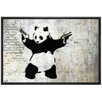 wall26 Framed Canvas Print Wall Art Banksy Panda with Handguns on Wall Cities Animals Digital Art Modern Art Chic Scenic Dark Black and White for Living Room, Bedroom, Office - 16x24 Black