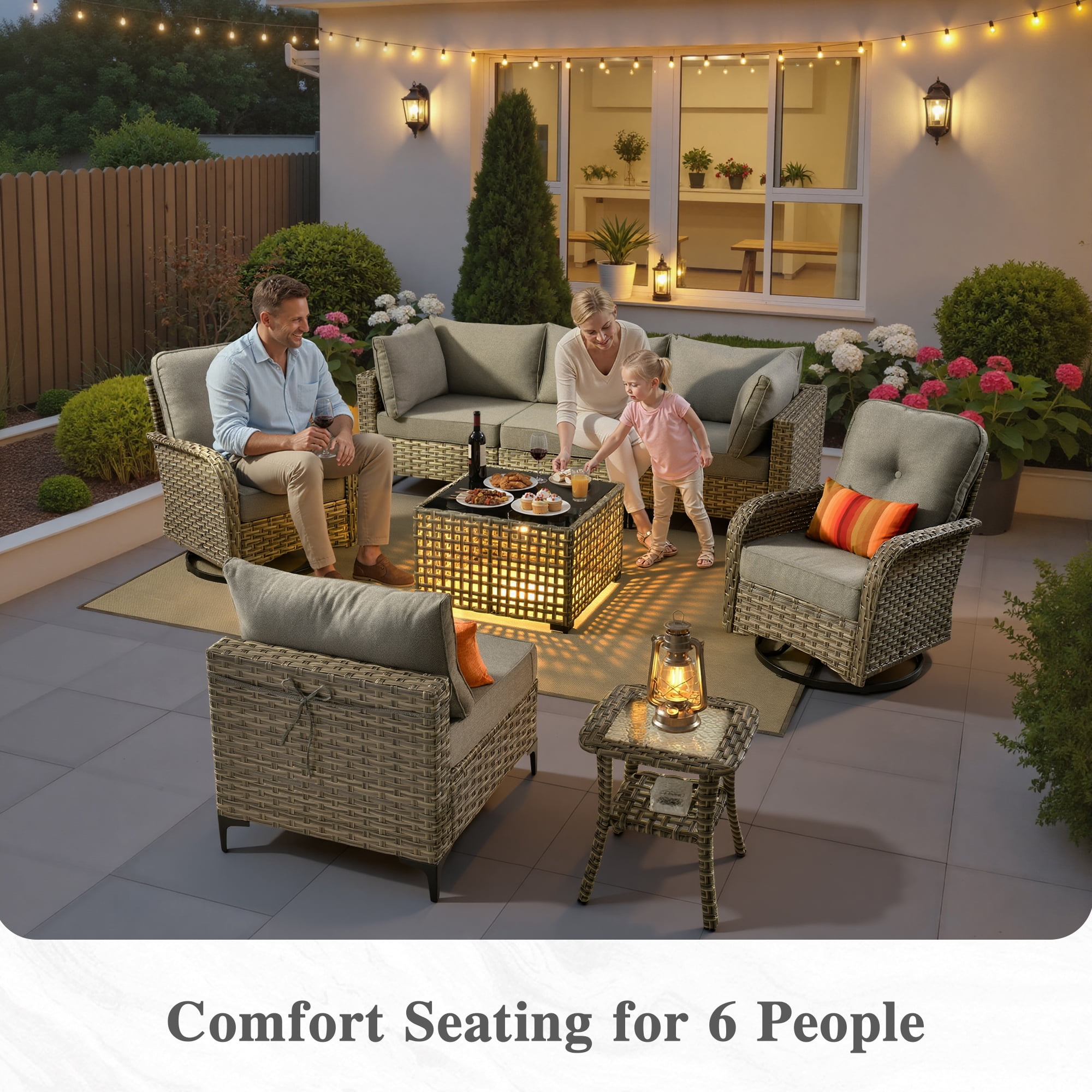 Ovios 8 Pieces Patio Furniture Outdoor Conversation Set Rattan Wicker Outside Sectional Sofa with Swivel Chairs & Solar Light Table, Dark Gray