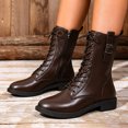 thumbnail image 2 of Women's Knee High Boots with Side Zipper Fashion Buckle Straps Lace up Combat Boots Non Slip Motorcycle Shoes Brown Size 6, 2 of 6