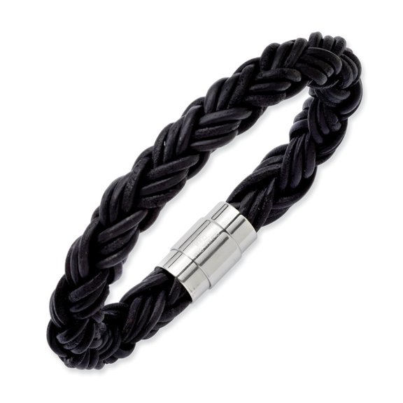 Stainless Steel Black Leather Bracelet - Measures 11mm Wide