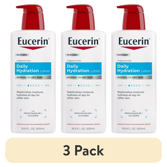 (3 pack) Eucerin Daily Hydration Body Lotion, Unscented Body Lotion, 16.9 fl oz Pump Bottle