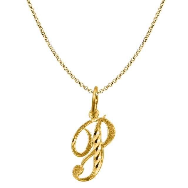 Precious Stars 14K Yellow Gold Diamond-Cut Cursive Letter Initial 'P' Pendant with 16" Chain Necklace