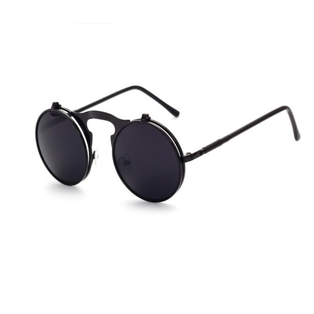 EeaseMX Gafas de sol redondas con revestimiento polarizado y espejo, montura metálica estilo antiguo, para hombre y mujer (montura y lente negras C2)