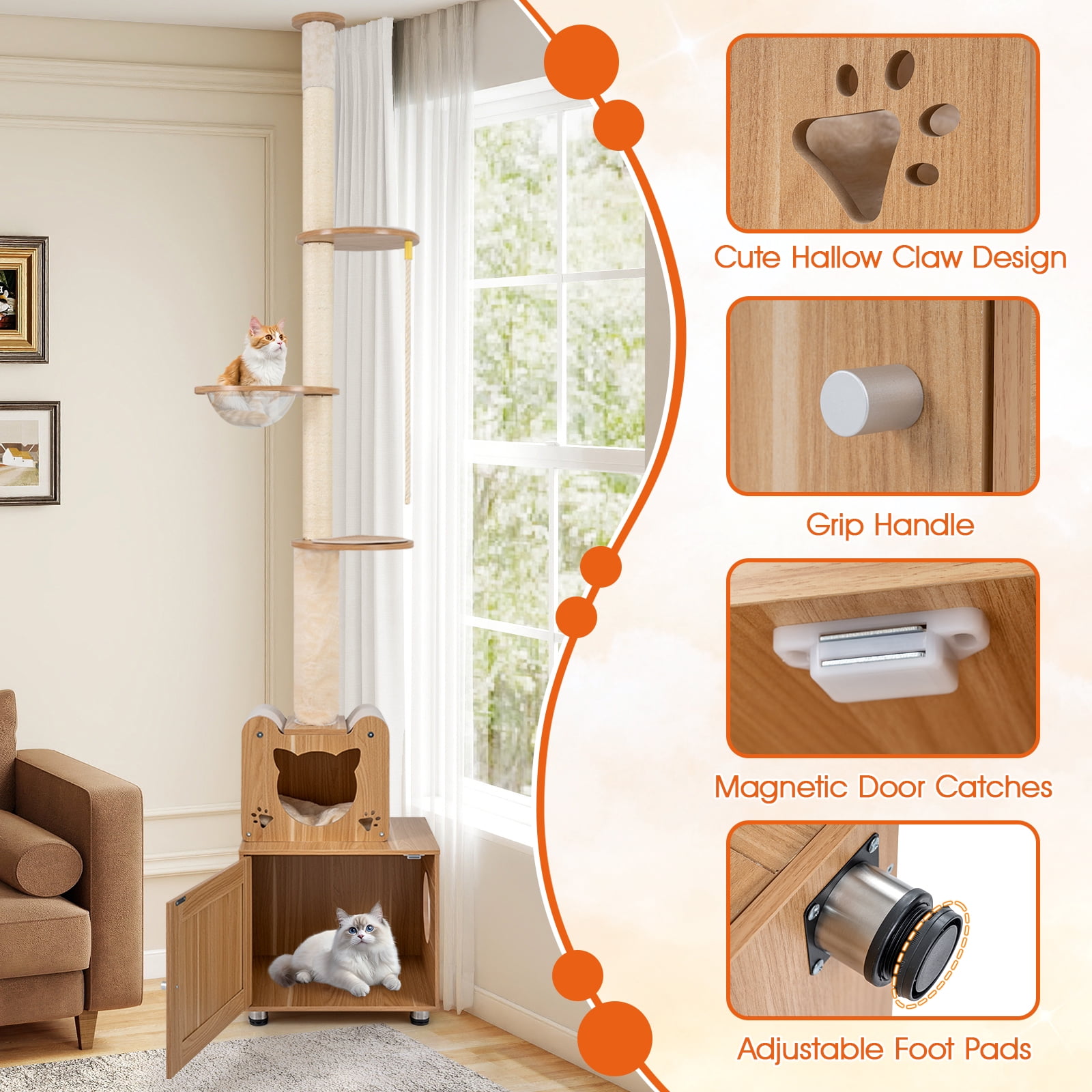Gymax Floor to Ceiling Cat Tree for Indoor Cats 101''-108.5'' Height Adjustable Tall Cat Tower