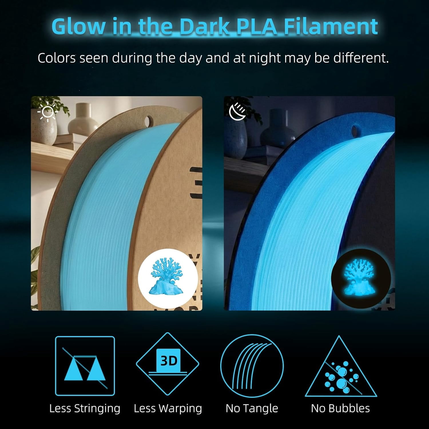 PLA Glow in The Dark Filament 1.75mm 1Kg, 3D Printing Luminous Dimensional Accuracy +/- 0.03mm, Fit Most FDM Printers- Blue