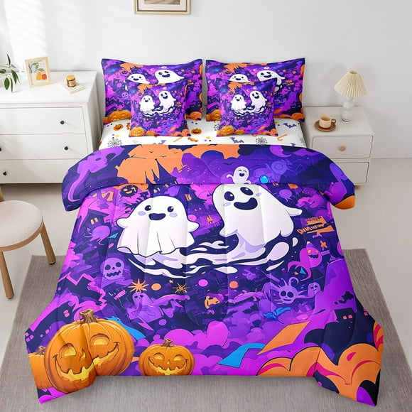 Erosebridal Horror Ghost Bed in a Bag King size, Orange Pumpkin Bed Set, Cartoon Halloween Reversible Bedding King Size, Microfiber Room Decor, 7-Piece