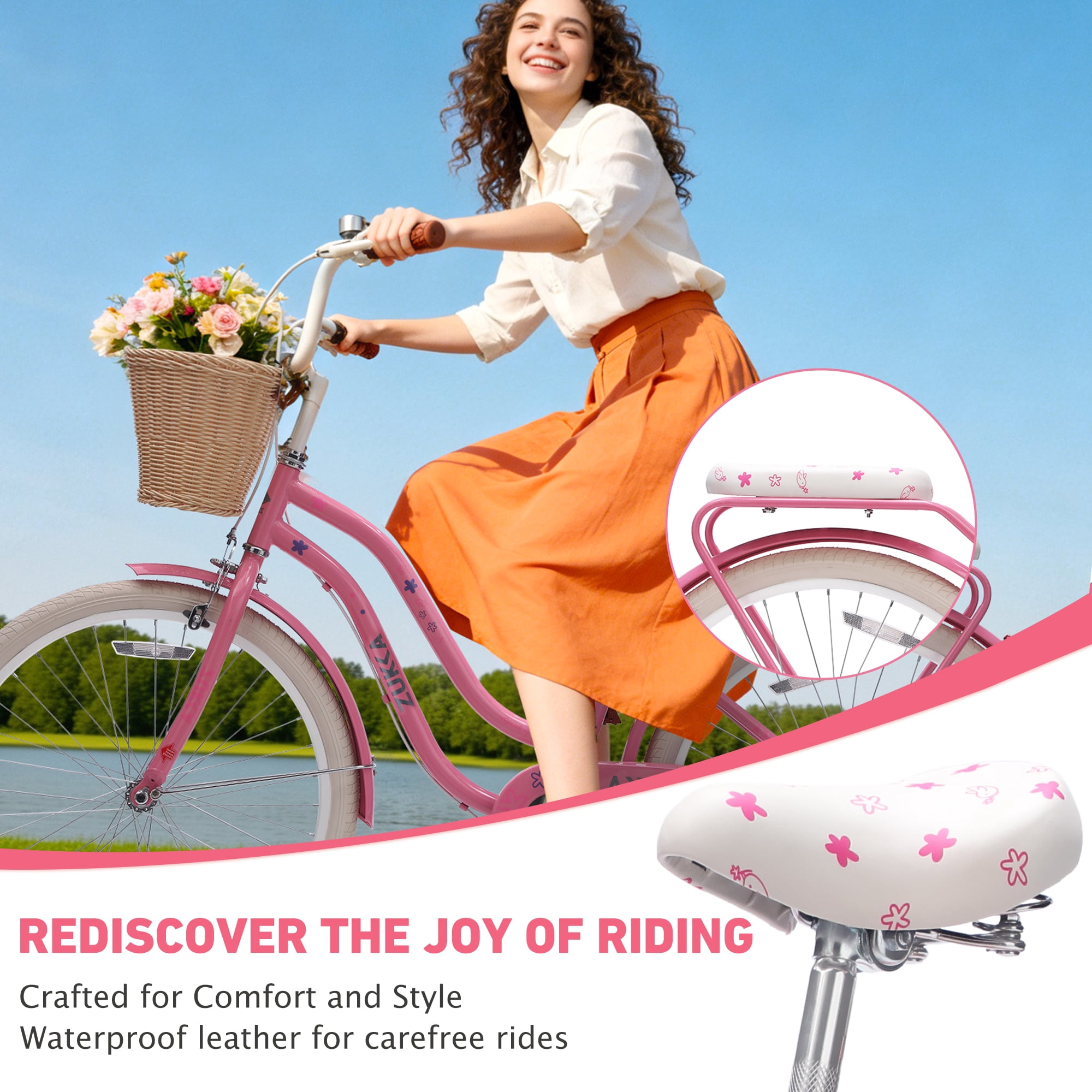 Aukfa 24" Retro Beach Cruiser Bike for Women & Girls, Single Speed City Commuter Bicycle with Basket & Rear Rack,Pink