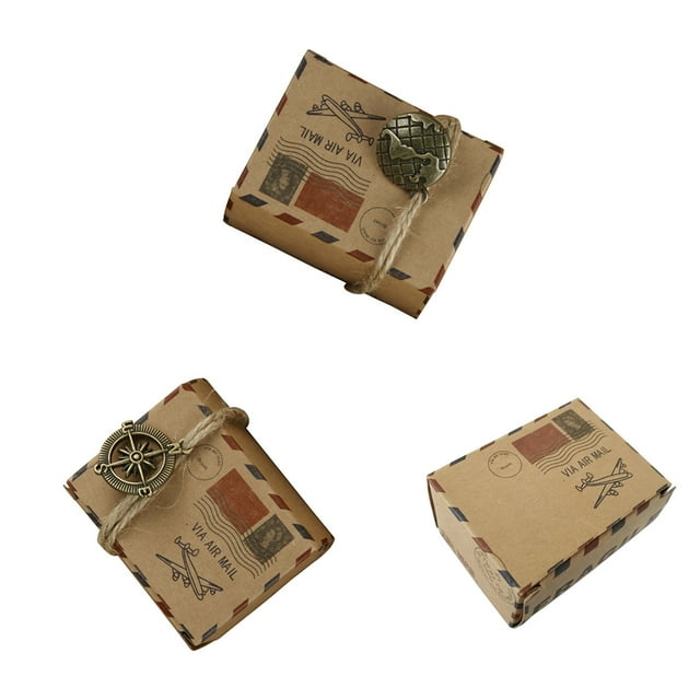 pitrice 50Pcs Candy Box Kraft Paper Globe Vintage Gift Boxes Square Printed Pattern Packaging Storage Wedding Birthday Earth Accessory Compasses Accessory
