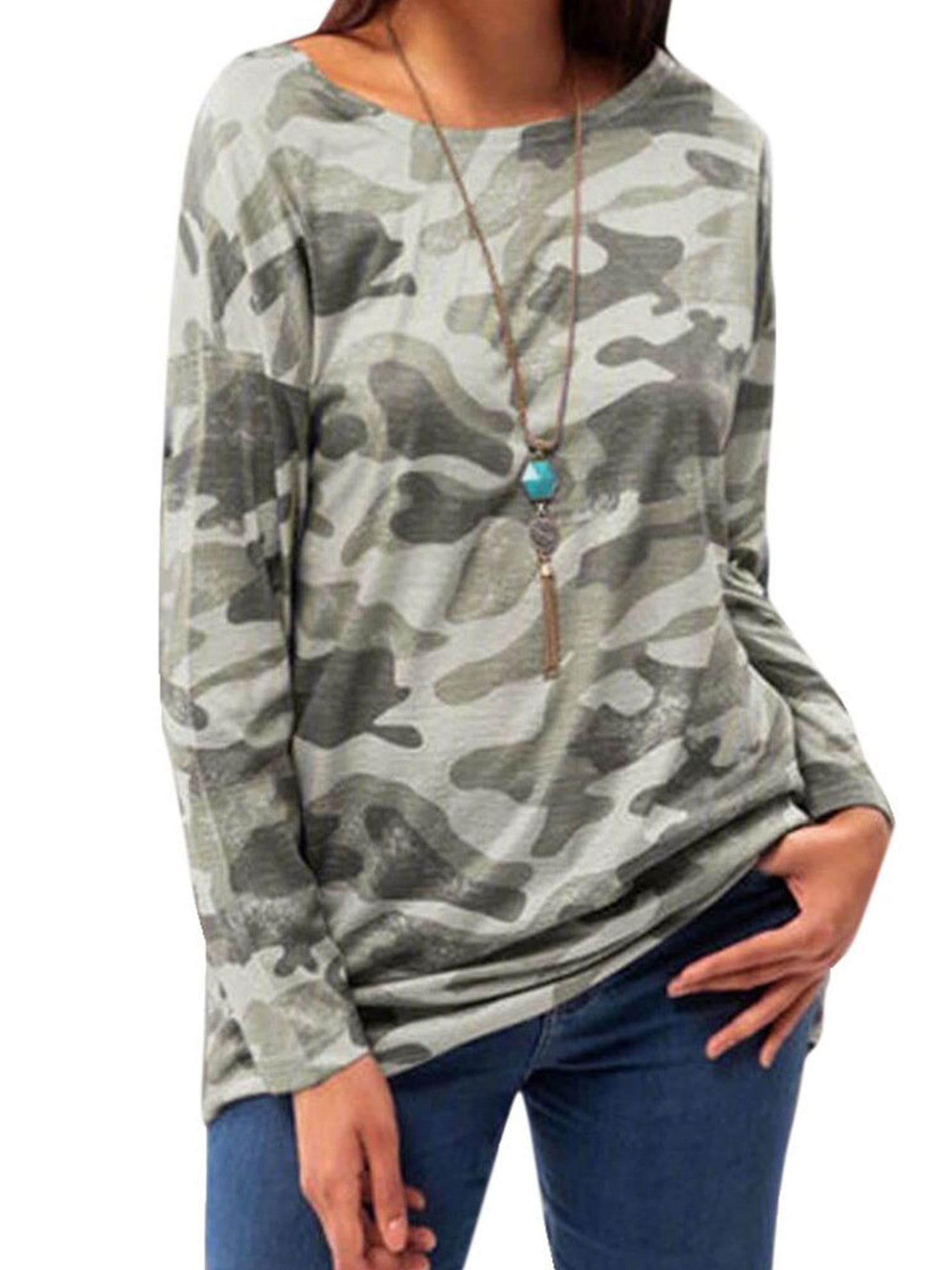Women Crew Neck Camo Printed Long Sleeve Sweatshirts Casual Blouses Top