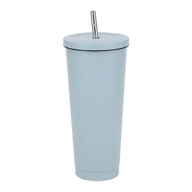 Taza de café de 750 ml, taza de viaje de acero inoxidable con aislamiento, tapa y pajita, para bebidas frías y calientes, para viajes, casa, camping, oficina, color azul claro