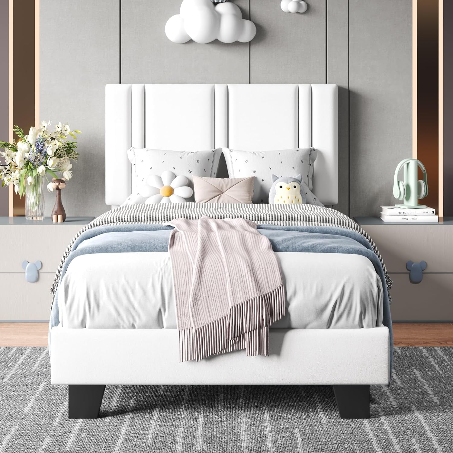 Honfach Twin Bed Frame, Velvet Upholstered Platform Bed Frame, Solid Wood Slats & Heavy Duty Feet Support, No Box Spring Needed, Noise-Free, Easy Assembly, White