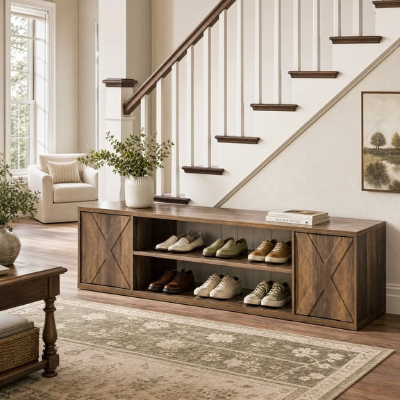 Fnova 63" Farmhouse Shoe Storage Bench with 2 Hidden Cabinets, Wooden Entryway Bench with Barn Doors, Brown