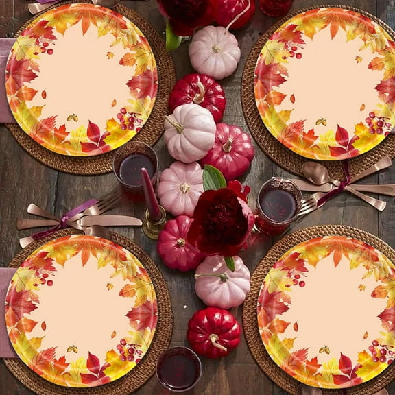 Thanksgiving Themed Tableware With Maple Leaf,Fall Autumn Disposable Party Supplies,Including Paper Plate Cup Napkin,Reception for Guests of Thanksgiving Fall Harvest Gathering