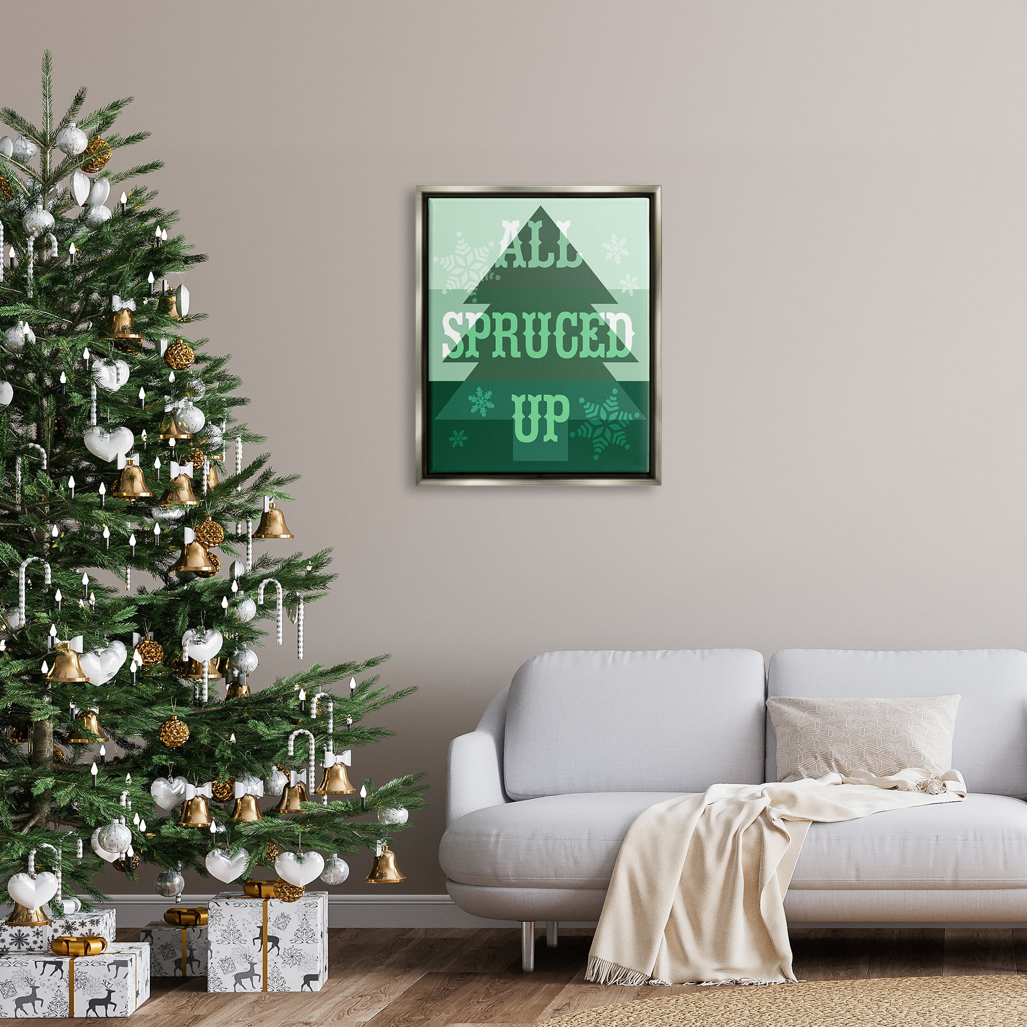 Stupell Industries All Spruced Up Holiday Pun Holiday Painting Gray Floater Framed Canvas Art Print Wall Art, 25 x 31