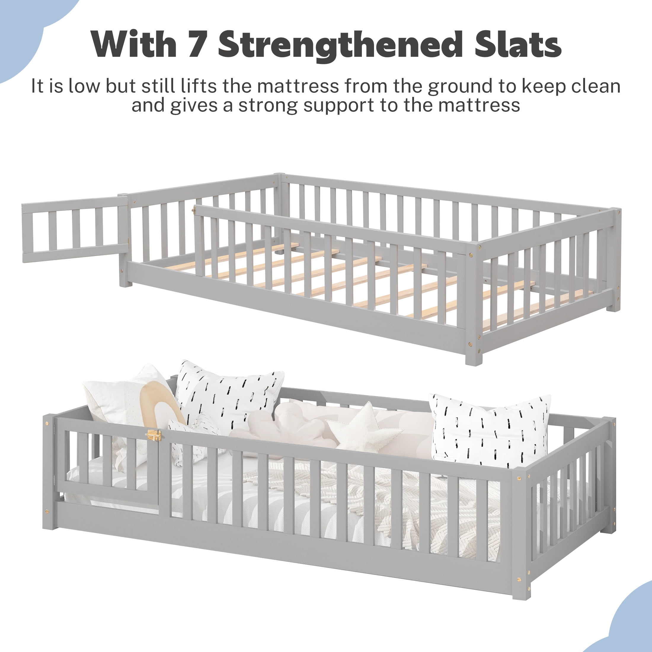 PAPROOS Twin Size Floor Bed, Solid Wood Toddler Bed with Slat, Fence Guardrail and Door, No Box Spri(图5) PAPROOS Twin Size Floor Bed, Solid Wood Toddler Bed with Slat, Fence Guardrail and Door, No Box Spri(图5)