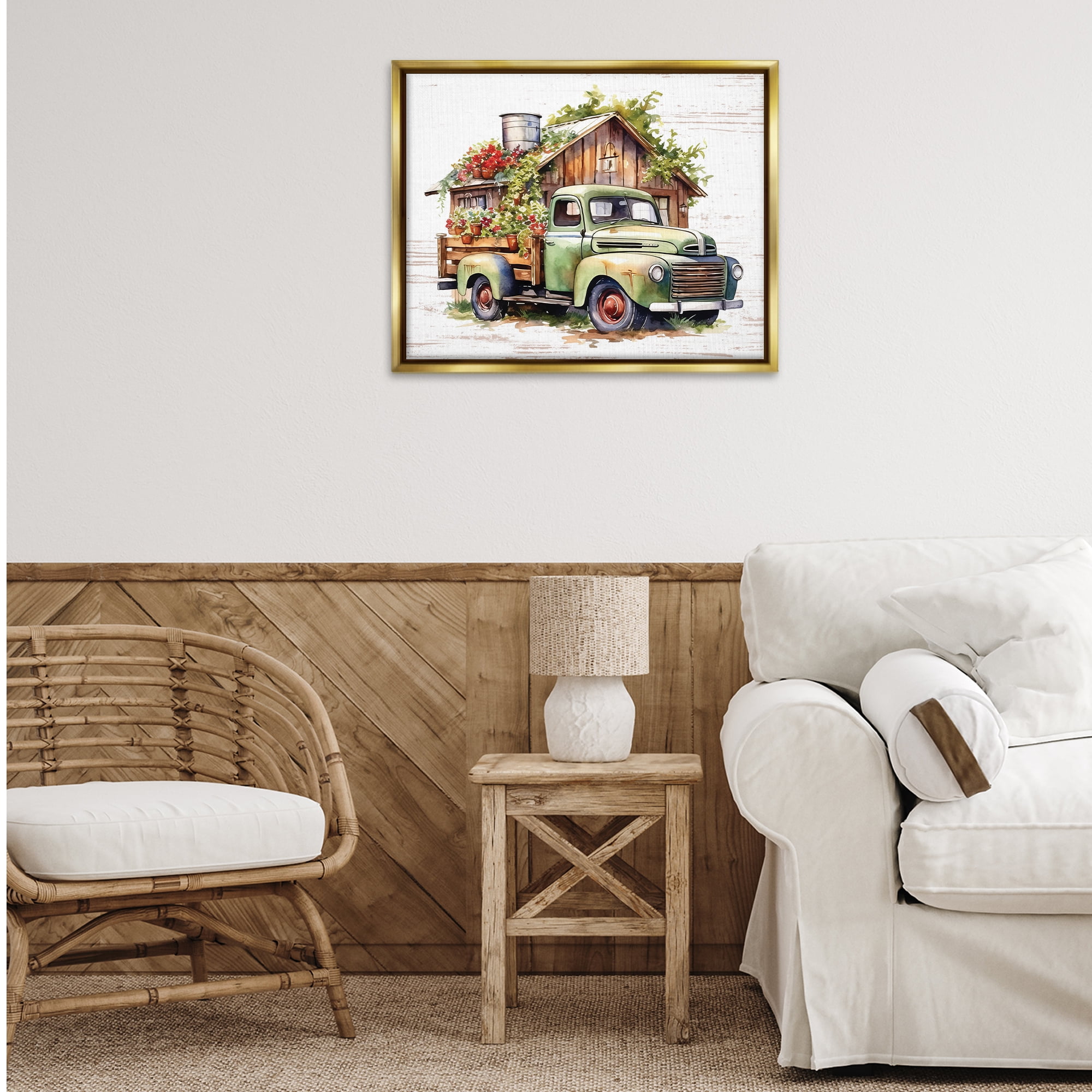 Stupell Industries Rustic Pickup with Greenery Transportation Painting Gold Floater Framed Canvas Art Print Wall Art, 31 x 25