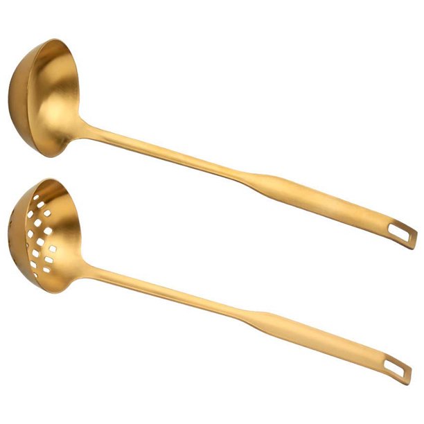 2 Pieces Gold Metal Soup Ladle Colander Long Handle Stainless Steel