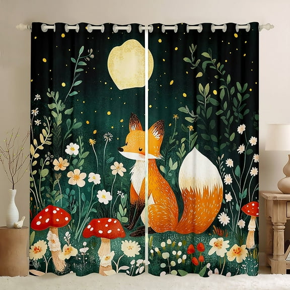 Manfei Cute Wild Fox Curtains and Drapes (42x84),Cartoon Mushroom Blackout Curtains for Bedroom,Graffiti Flower Floral Curtains Pack of 2 (42x84) For Girls,Breathable Bedroom Decor