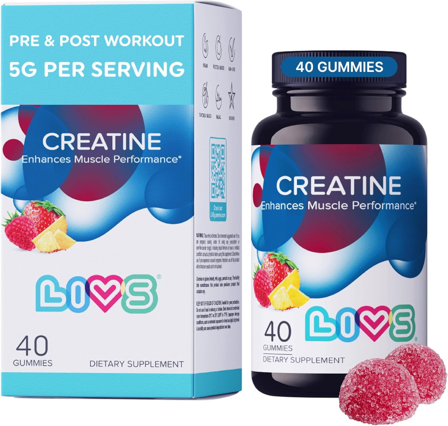LIVS Creatine Monohydrate Gummies – Pre Workout Creatine for Women & Men | Tasty Gummy Vitamins for Energy, Strength & Muscle | Sugar Free, Gluten Free, Vegan Creatine Supplement for Gym – 80 Count