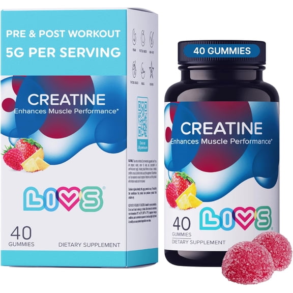 LIVS Creatine Monohydrate Gummies – Pre Workout Creatine for Women & Men | Tasty Gummy Vitamins for Energy, Strength & Muscle | Sugar Free, Gluten Free, Vegan Creatine Supplement for Gym – 40 Count