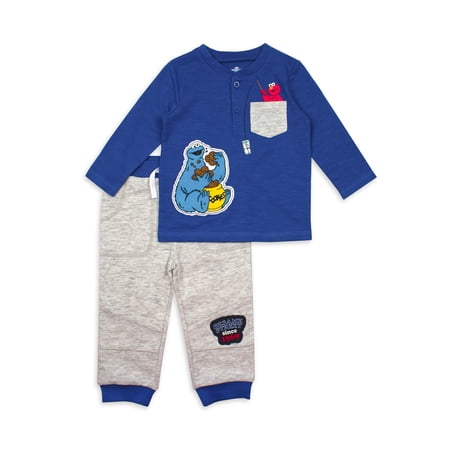 Sesame Street Baby Boy Long Sleeve Henley & Sweatpant, 2pc Outfit Set