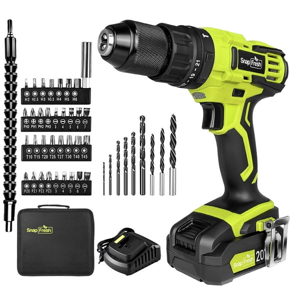 SnapFresh 20V Cordless Drill 1/2? w/ 44PCS, 445In-Lbs, 21+2 Torque Setting, 2.0Ah Battery & Charger