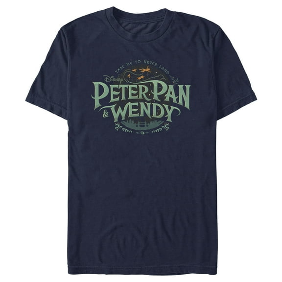Men's Peter Pan & Wendy Take Me to Never Land Logo Graphic Tee Navy Blue Large