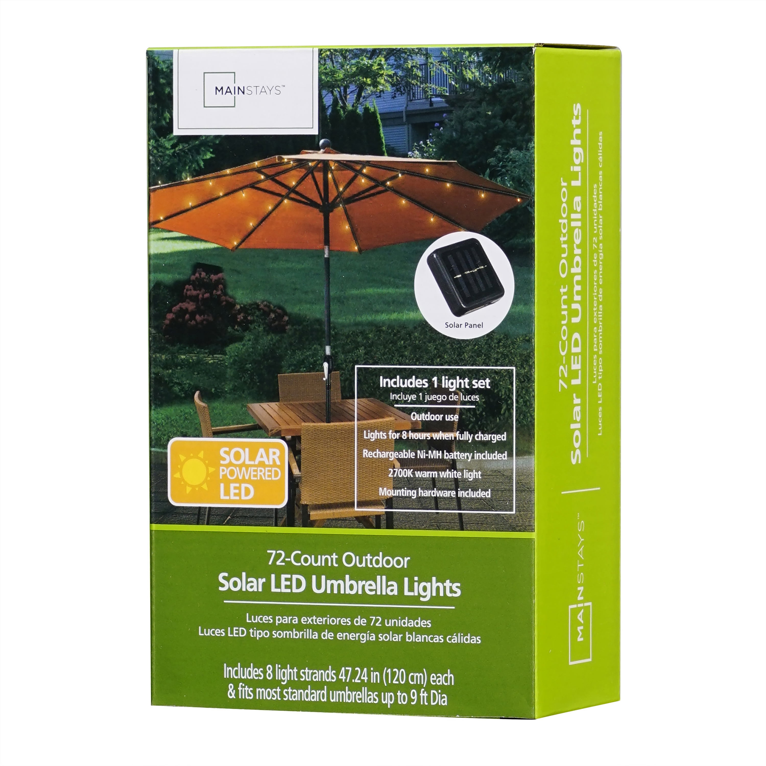 Mainstays 72-Count Solar Powered Warm White LED Patio Umbrella Lights, 9'