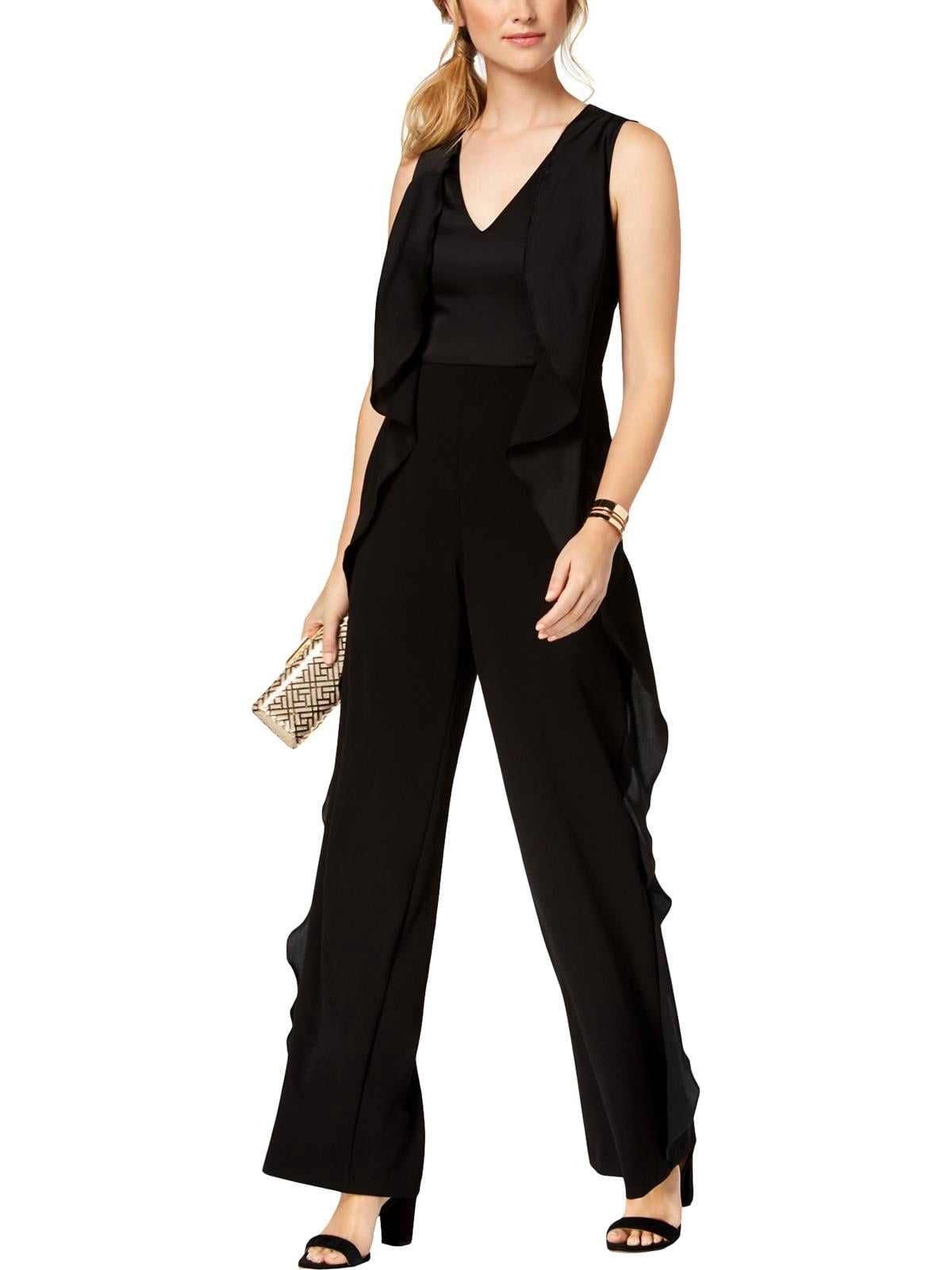 Adrianna Papell Womens Cascading Ruffle Sleeveless Jumpsuit