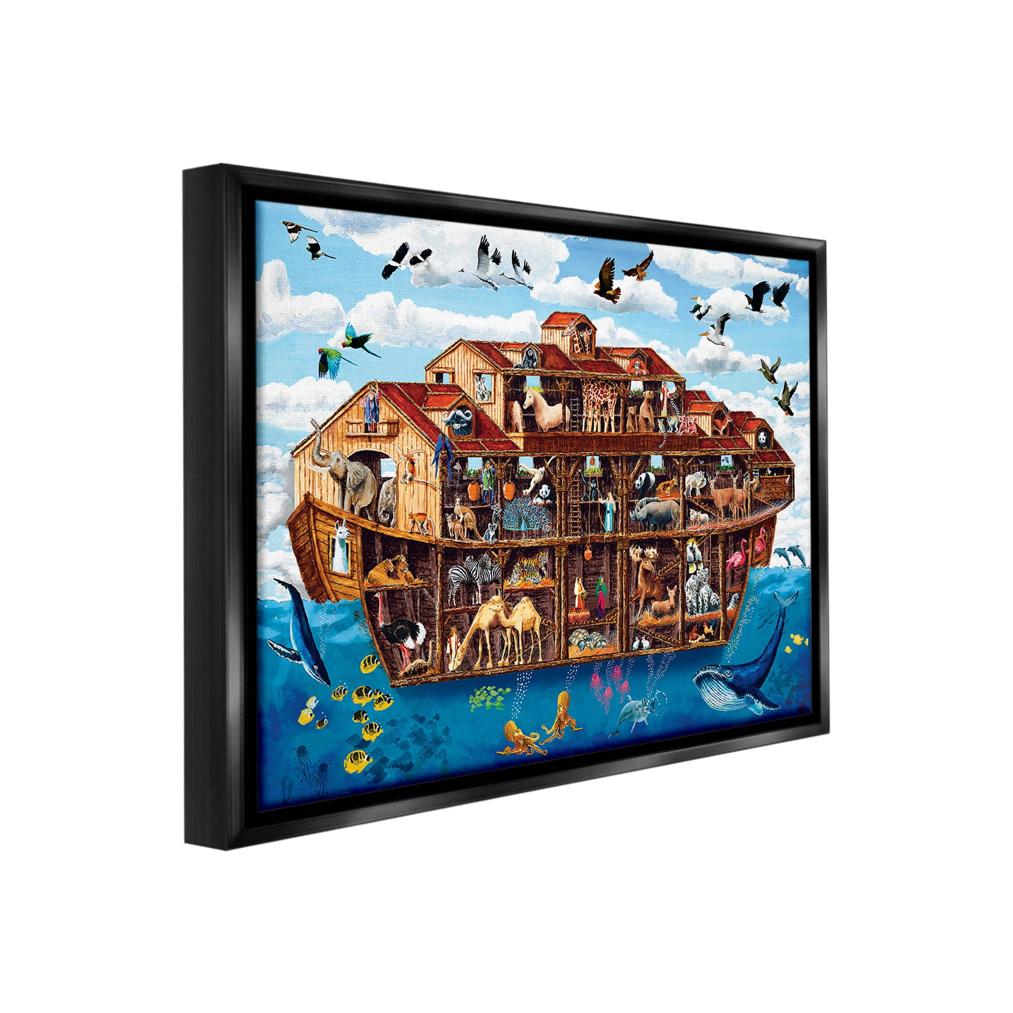 Stupell Industries Noah's Ark Animals Animals & Insects Painting Black Floater Framed Canvas Art Print Wall Art, 21 x 17