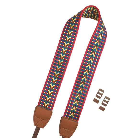 Bohemian Rainbow Pattern Camera Strap – Multicolor Woven Polyester Shoulder & Neck Strap with Leather Ends, 52.8×1.5 in Adjustable Vintage Camera Strap with Mounting Buckles