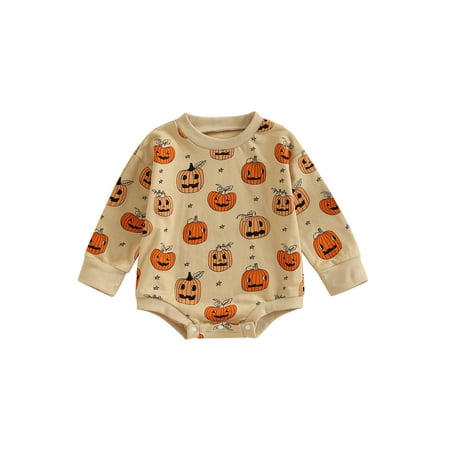 

Emmababy Ginger Pumpkin Face and Star Print Crew Neck Romper for Infants on Halloween