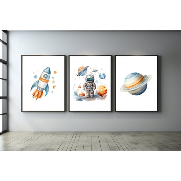 Space Nursery Print Astronaut Planet Rocket Wall Art Set 3 Unframed Paper Print 8x12