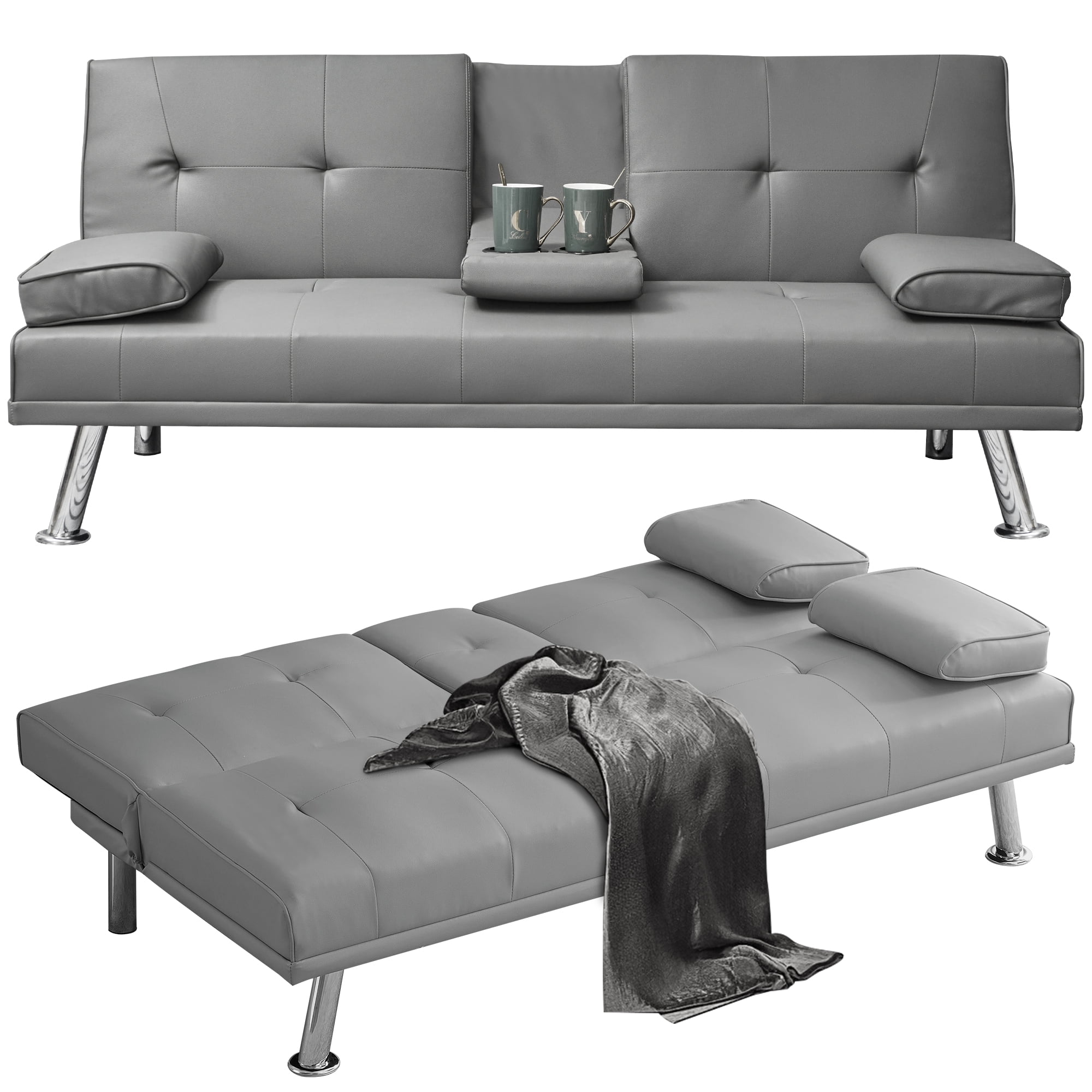 Ucloveria PU Leather Folding Sofa Bed with 2 Cup Holders