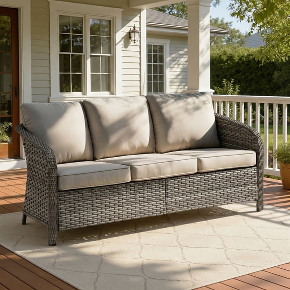 Opohoro 73" Outdoor Patio Wicker 3-Seat Couch, Gray PE Rattan Patio Furniture Sofa with Beige Cushions for Porch or Backyard