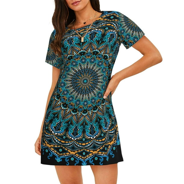Fotbe Mandala Bata de Dormir para Mujer con Estampado, Camisón de Algodón de Manga Corta, Ropa de Dormir Casual