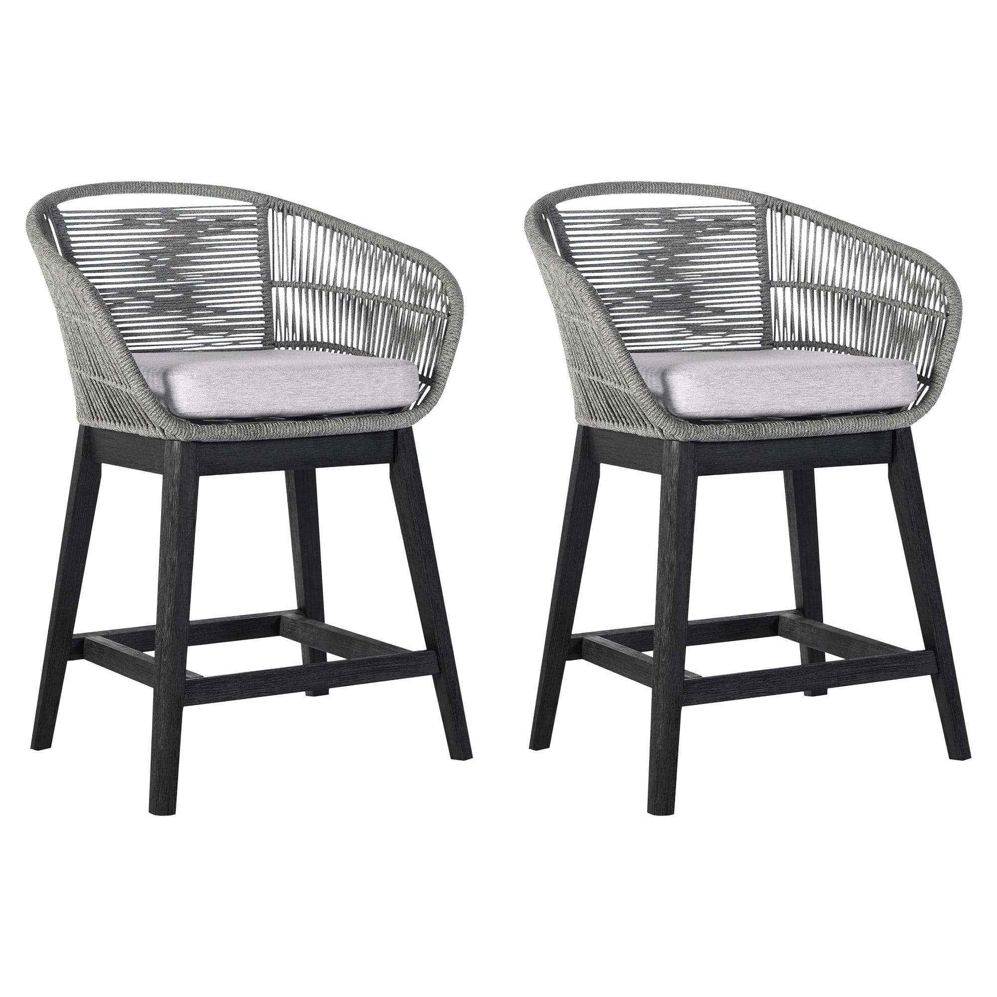 Tutti Frutti Indoor Outdoor Counter Height Bar Stool in Black Brushed Eucalyptus Wood with Gray Rope - Set of 2